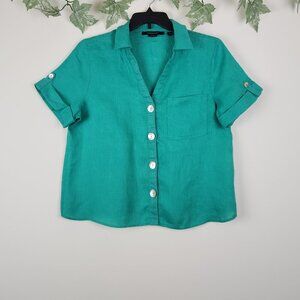 Marc New York Andrew Marc Size M 100% Linen Green Short Sleeve Top Relaxed
